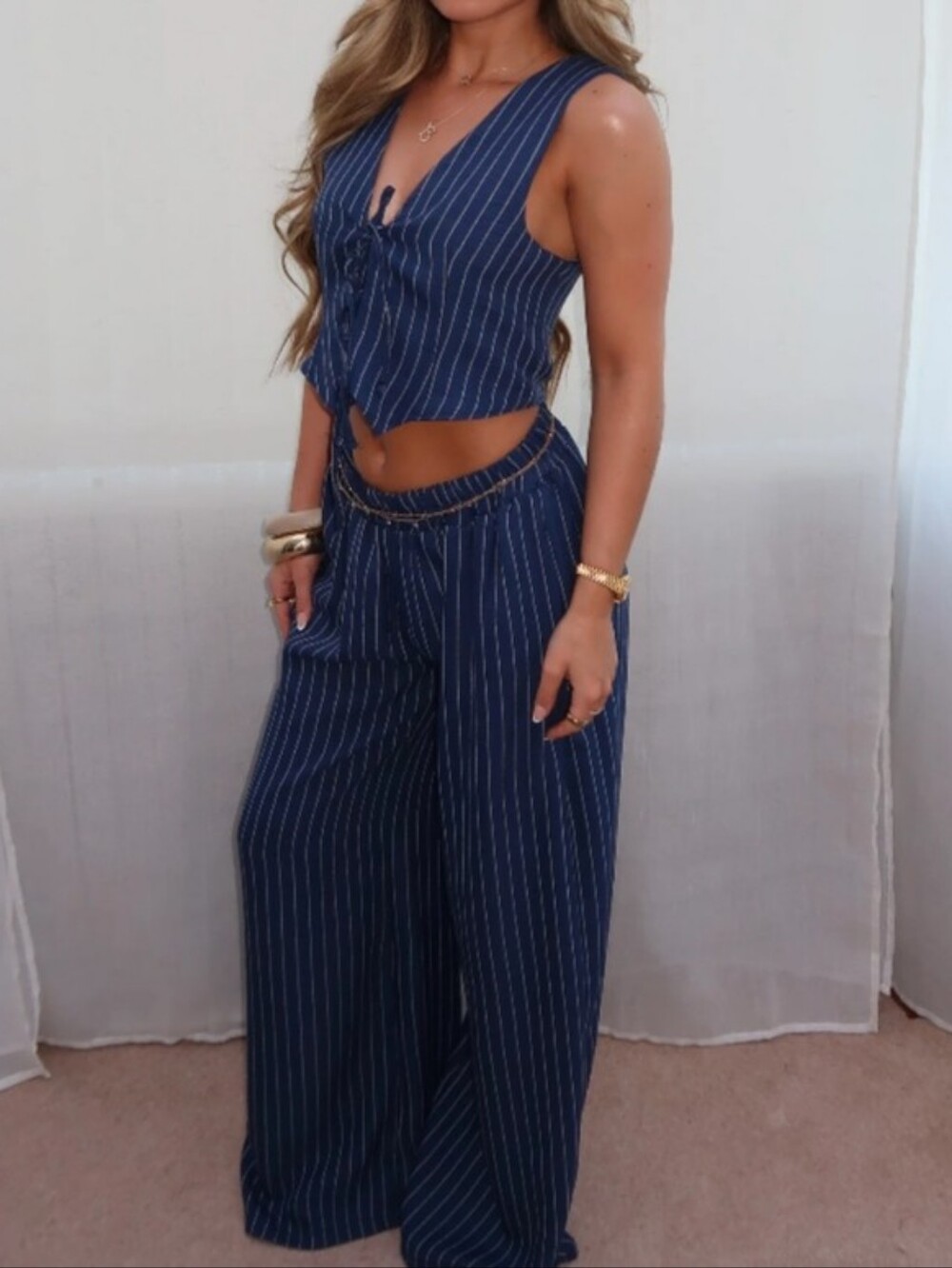 Navy Pinstriped Pants Set
